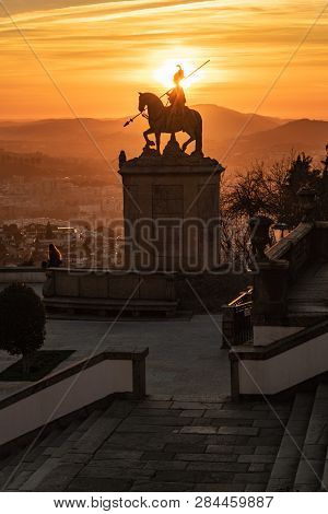 Braga, Portugal - Circa February 2019: Sunset Silhouette Of Sculpture Of St Longinus In Famous Sanct
