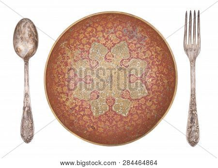 Vintage Beautiful Plate, Dozhka And Fork Isolated On White Background.