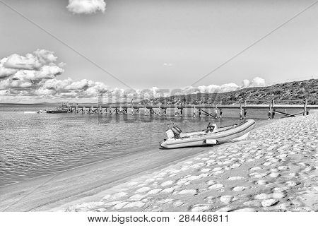 West Coast National Park, South Africa, August 20, 2018: A Speedboat At A Beach In Kraalbaai In The 