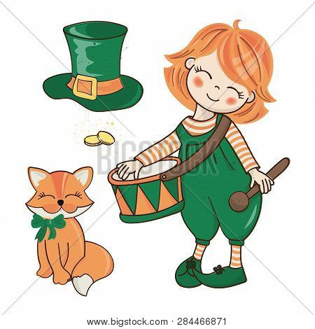 Patrick Cortege Saint Patrick Day Cartoon Vector Illustration Set For Print, Fabric And Decoration.