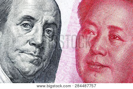 Portrait Of Benjamin Franklin Against Mao Zedong, 100 Us Dollars And 100 Chinese Yuan