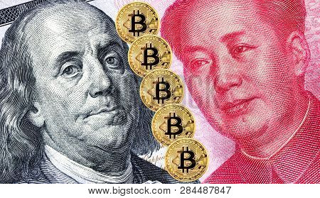 Bitcoin And Portraits Of Benjamin Franklin Against Mao Zedong. Business Concept Of Worldwide Digital