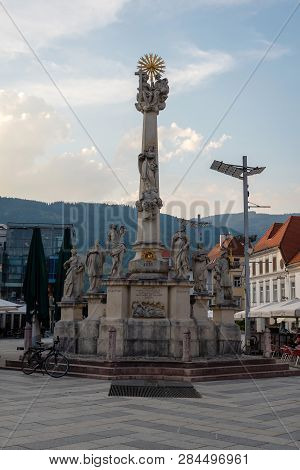 Leoben, Styria, Austria - August 06, 2018: Hauptplatz, View Of Pestsaule In The Central Square Of Th