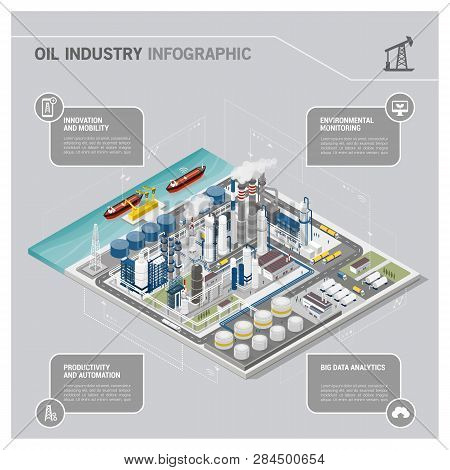 Oil And Gas Industry And Production Process Infographic: Isometric Refinery, Pipeline And People Wor