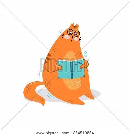 Postcard With A Cute Hand Drawn Smart Cat. Cat Reading. Vector Illustration