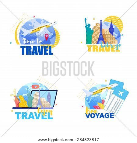 Flat Set Banner Illustration Travel Around Earth. Vector Image Icon Plane Flying Against Background 