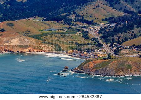 Rugged Coastal Cliffs And Pacifica State Beach In San Mateo County, Northern California, Flying From