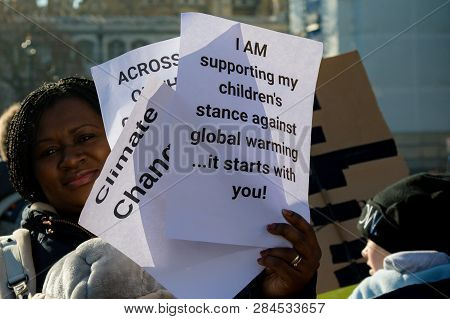 London, Uk, United Kingdom 15th February 2019:- A Parent Holding Placards In Support Of Striking Sch