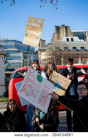 London, Uk, United Kingdom 15th February 2019:- Striking School Aged Children In Central London Over