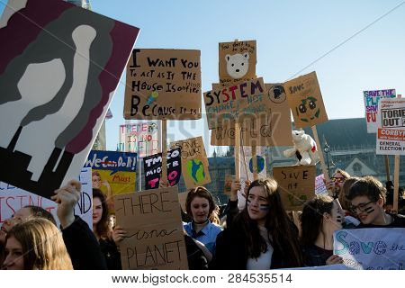 London, Uk, United Kingdom 15th February 2019:- Striking School Aged Children In Central London Over