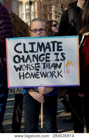 London, Uk, United Kingdom 15th February 2019:- Striking School Aged Children In Central London Over