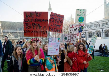 London, Uk, United Kingdom 15th February 2019:- Striking School Aged Children In Central London Over
