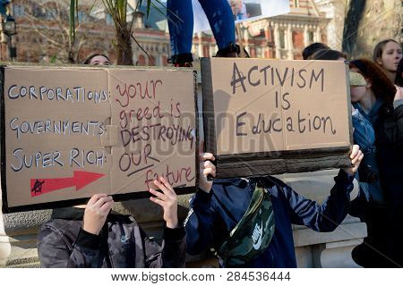 London, Uk, United Kingdom 15th February 2019:- Striking School Aged Children In Central London Over