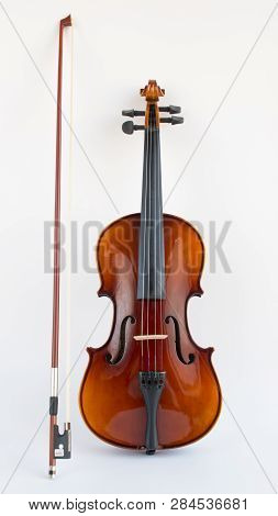 Violin Or Viola With Bow In White Background. Fiddle In White Background