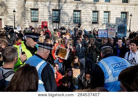 London, Uk, United Kingdom 15th February 2019:- Striking School Aged Children In Central London Over