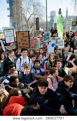 London, Uk, United Kingdom 15th February 2019:- Striking School Aged Children In Central London Over