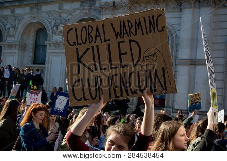 London, Uk, United Kingdom 15th February 2019:- Striking School Aged Children In Central London Over