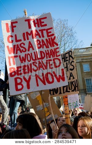 London, Uk, United Kingdom 15th February 2019:- Striking School Aged Children In Central London Over