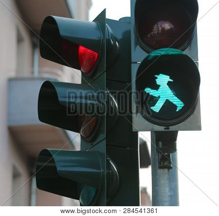 Berlin, Germany - August 17, 2017: Ampelmann The Symbol Shown On Pedestrian Signals In Berlin. Green