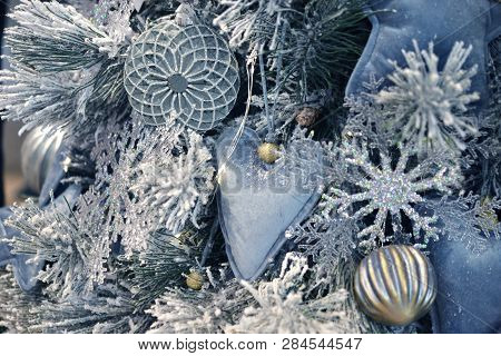 Decorative Snow-covered Christmas Tree Decorated With Decorative