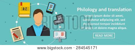 Philology And Translation Banner Horizontal Concept. Flat Illustration Of Philology And Translation 