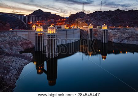 Hoover Dam At Lake Mead At Night On The Border Of Nevada And Arizona In Southwestern United States I