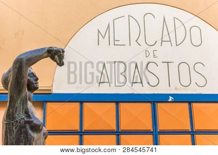 Tudela, Spain - April 22, 2018: Statue At The Mercado De Anastos Market In Tudela, Spain