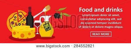 Food And Drinks Italy Banner Horizontal Concept. Flat Illustration Of Food And Drinks Italy Banner H