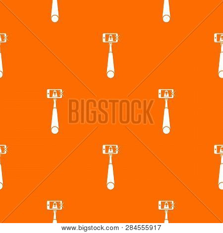 Selfie Stick With Mobile Phone Pattern Repeat Seamless In Orange Color For Any Design. Geometric Ill
