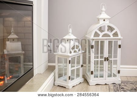White Decorative Wooden Latern Lights In Expensive Interior