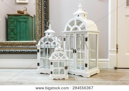 White Decorative Wooden Latern Lights In Expensive Interior