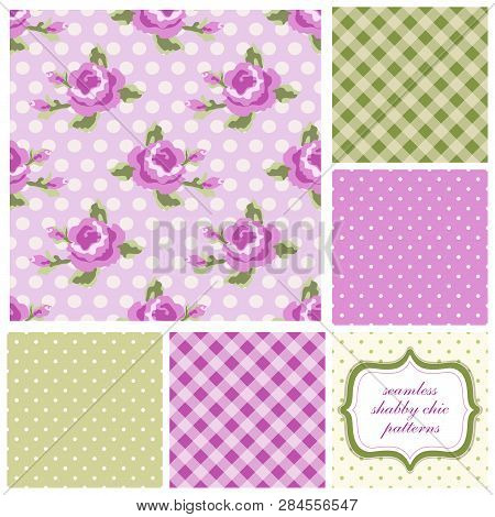Set Of Cute Seamless Shabby Chic Patterns With Roses, Polka Dot And Plaid