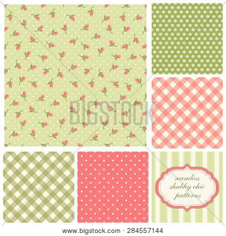 Set Of Cute Seamless Shabby Chic Patterns With Roses, Polka Dot And Plaid