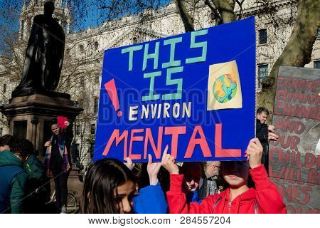 London, Uk, United Kingdom 15th February 2019:- Striking School Aged Children In Central London Over
