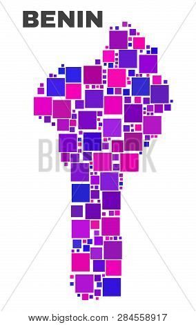 Mosaic Benin Map Isolated On A White Background. Vector Geographic Abstraction In Pink And Violet Co