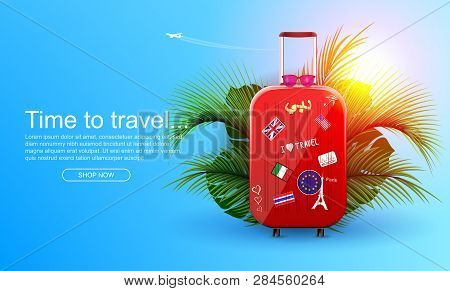 Vacation Vector Banner. Summer Holiday Web Banner. Red Suitcase With Traveler Accessories And Coconu