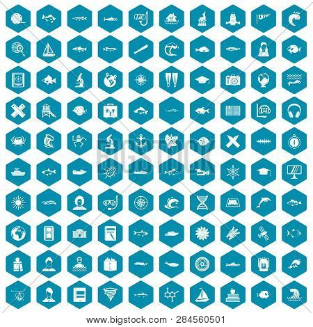 100 Oceanologist Icons Set In Sapphirine Hexagon Isolated Illustration