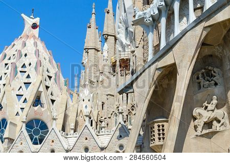 Barcelona, Spain - September 13, 2018: Fragment Of Famous Expiatory Church Of Holy Family (sagrada F