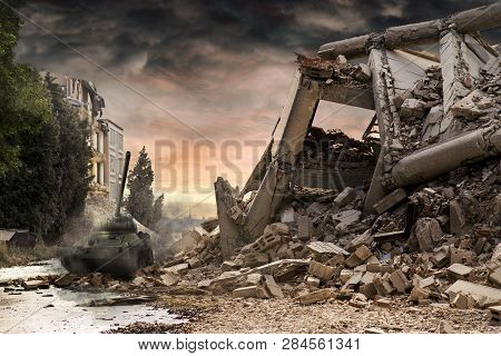 Tank T34 Amongst City Ruins With Dramatic Red And Dusty Clouds.