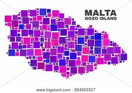 Mosaic Gozo Island Map Isolated On A White Background. Vector Geographic Abstraction In Pink And Vio