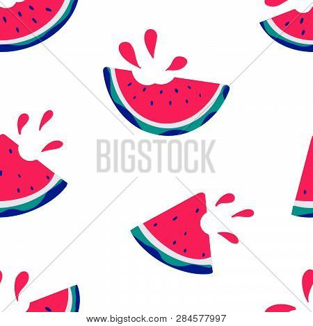 Seamless Pattern With Slice Of Watermelon With Drops Of Juice. Hand Drawn Summer Healthy Vector Illu