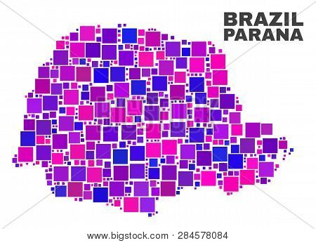 Mosaic Parana State Map Isolated On A White Background. Vector Geographic Abstraction In Pink And Vi