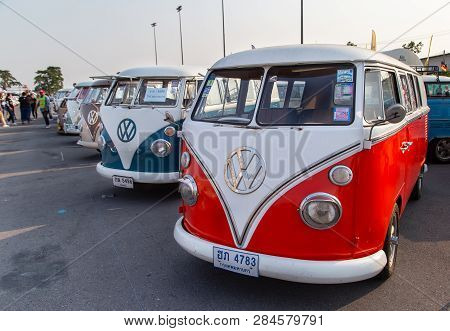 Bangkok, Thailand - February 9, 2019: Vintage Vw Van Owners Gathering At Volkswagen Club Meeting In 