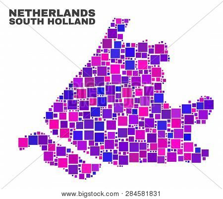 Mosaic South Holland Map Isolated On A White Background. Vector Geographic Abstraction In Pink And V