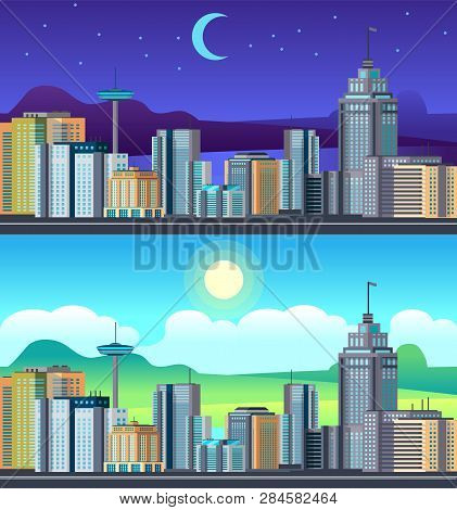 Day Night Cityscape. Buildings City Office Center, Apartment Hose Hotel Day Time Urvan Vector Illust