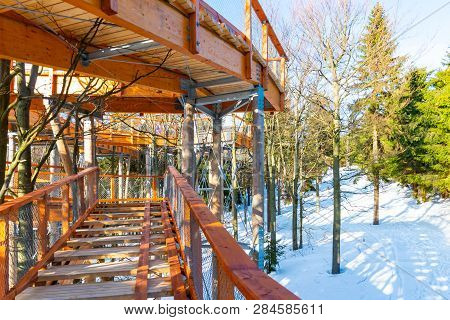 A New Wooden Lookout Tower Or Sky Walking In Trees In Pustevny, Beskids, Czech Republic.