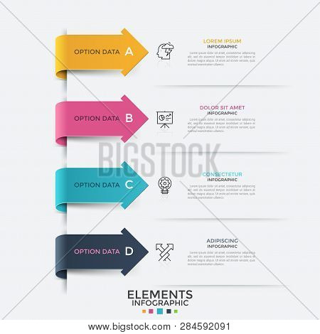 Four Colorful Arrows Pointing At Linear Pictograms And Text Boxes. Concept Of List With 4 Options Or