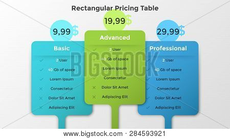 Three Rectangles With Price And Disk Space Indication, Place For Text And Check List. Concept Of 3 P