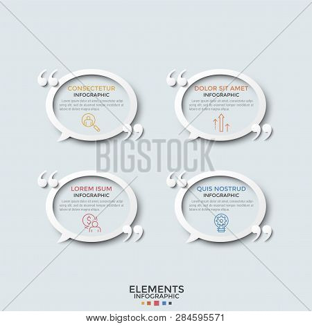 Four Separate Paper White Speech Bubbles Or Balloons With Thin Line Pictograms, Place For Text Insid