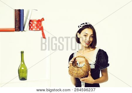 Young Woman With Attractive Smiling Sexy Face In Parlormaid Costume With Beautiful Black Lace Cap Ho